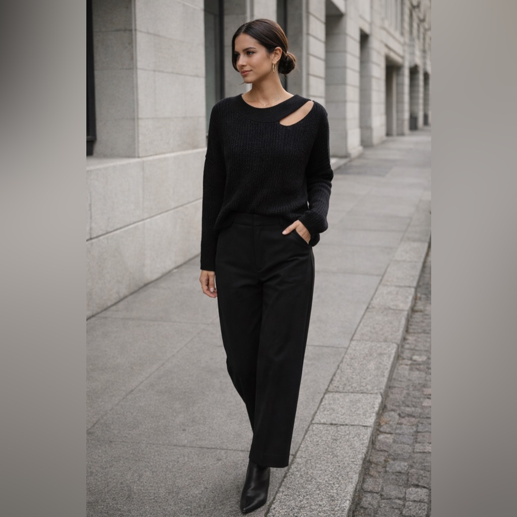Elan Black Asymmetrical Neck Knit Sweater Cutout Shoulder Modern Minimalist S